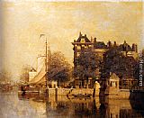 Amsterdam Paintings - Moored Sailing Vessels Along A Quay, Amsterdam by Johannes Christiaan Karel Klinkenberg